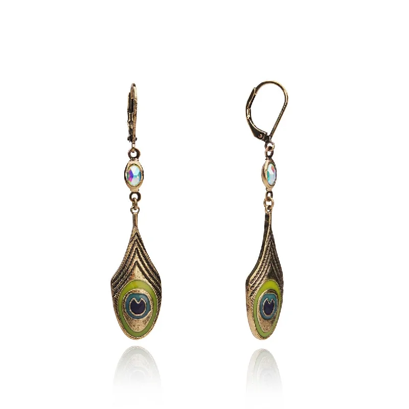 Peacock Feather Enamel Earrings: Art Nouveau Style Drop Feather Earrings