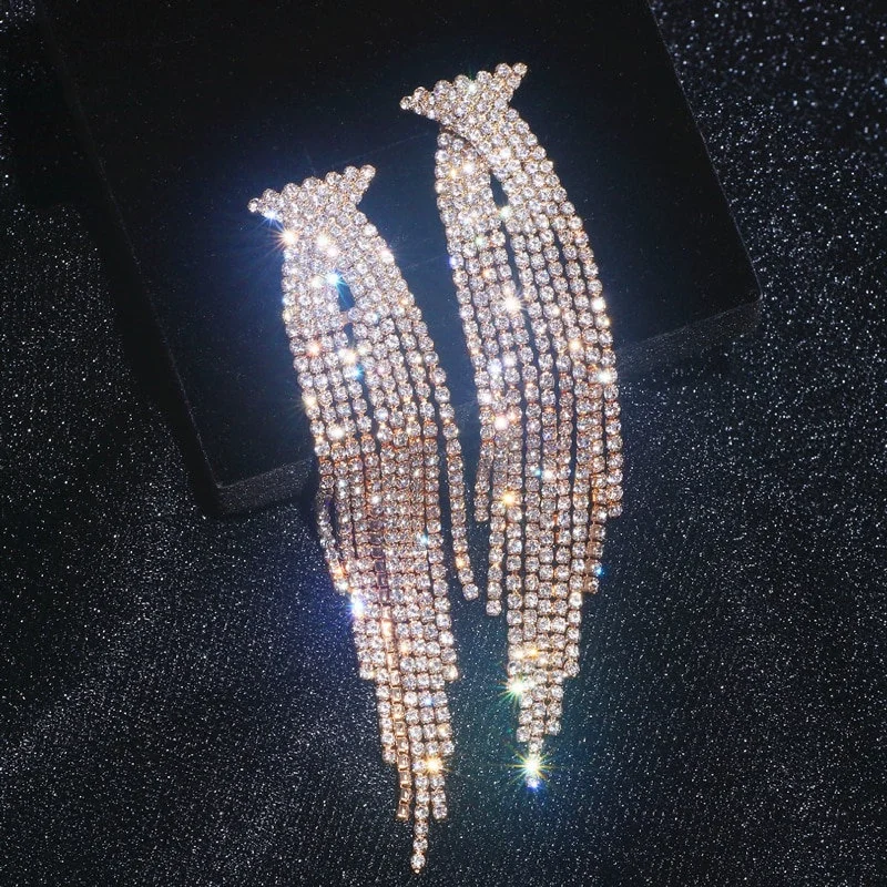 GOLD Rhinestone Earrings Long Tassel JS-016