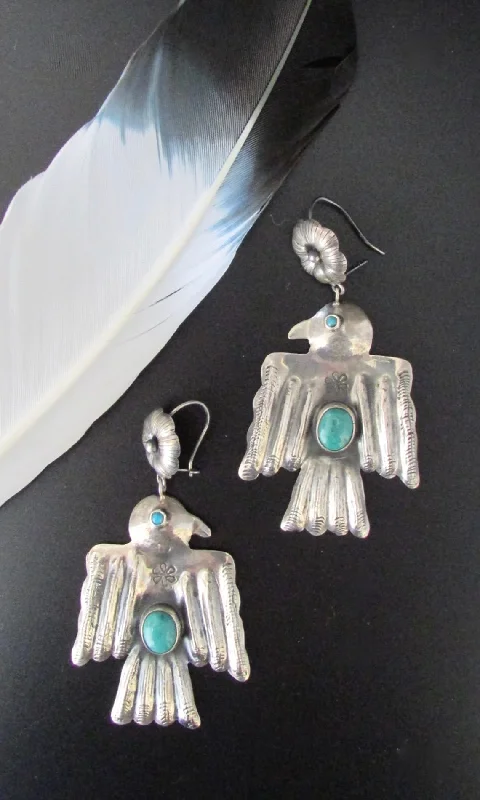 FEDERICO JIMENEZ Large Silver & Turquoise Thunderbird Earrings, Mexican Oaxacan