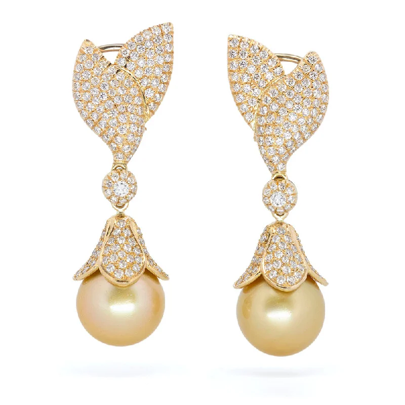 Diamond Leaf Earring with Golden South-Sea Pearls