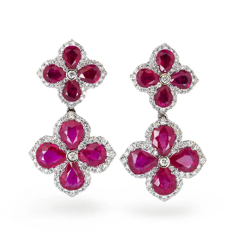 Double Terraced Four Petal Ruby Flower Earring