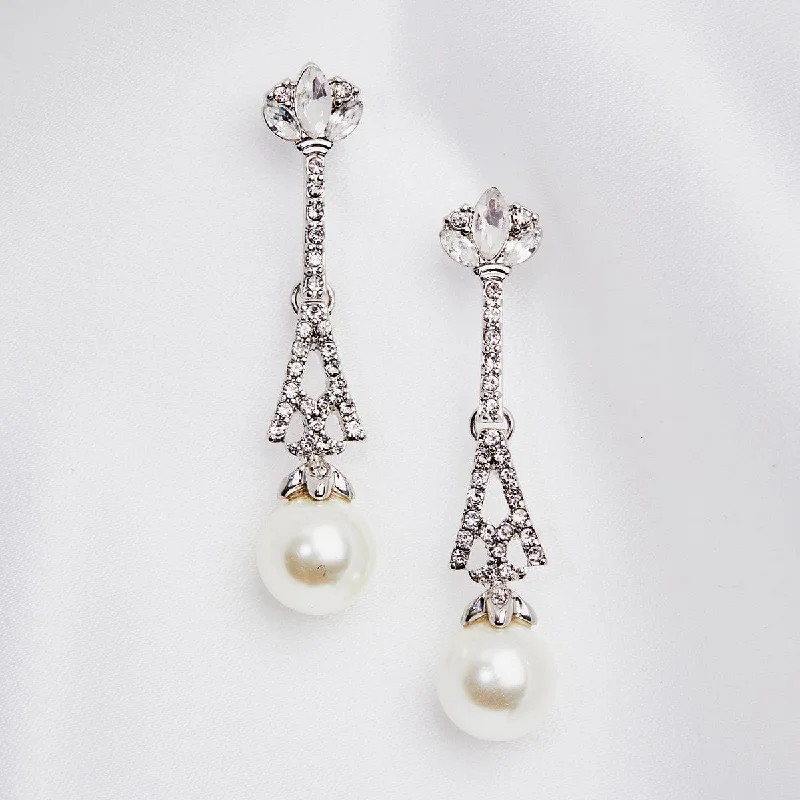 Pearl Drop Bridal Earrings: Eiffel Tower Style Crystal And Pearl Earrings