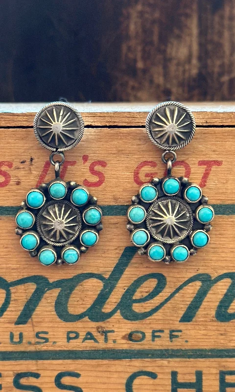 RUNNING BEAR Navajo Silver and Turquoise Flower Earrings