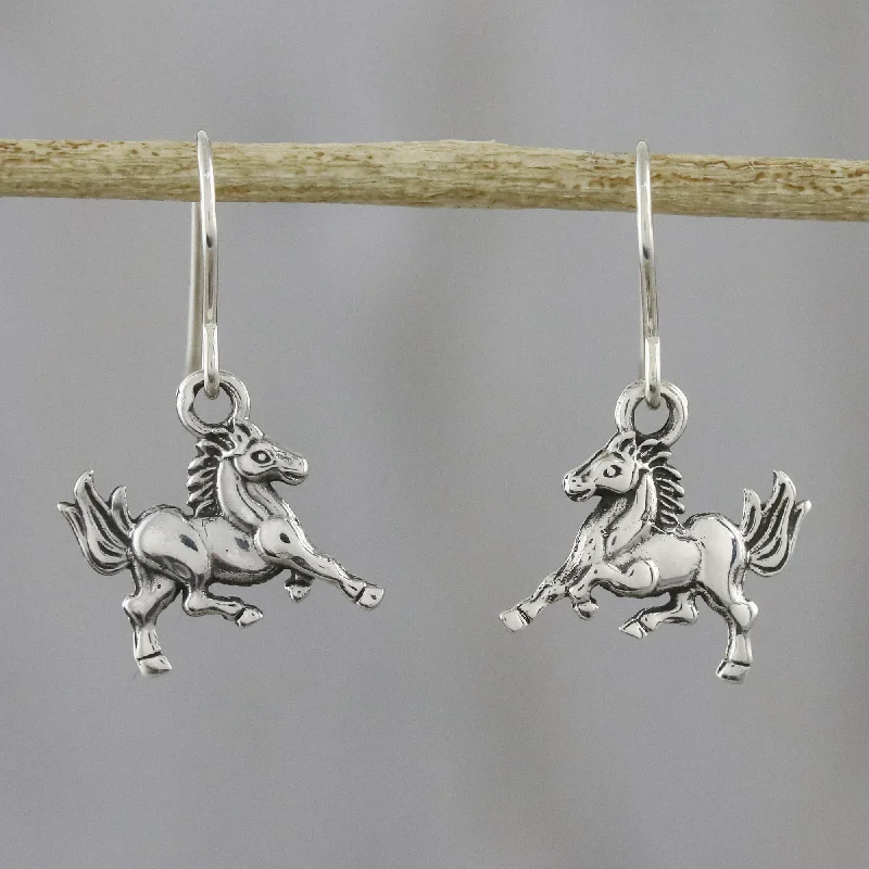 Galloping Stallions Sterling Silver Horse Dangle Earrings from Thailand