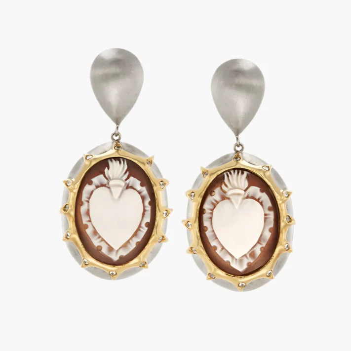 Italian Cameo Flaming Heart Earrings