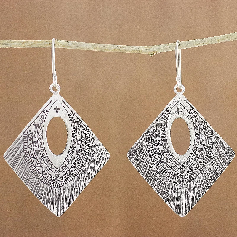 Karen Symbols Diamond-Shaped Silver Dangle Earrings from Thailand