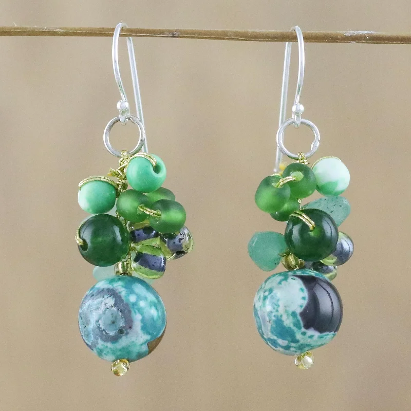 Lovely Blend in Green Green Quartz and Glass Bead Dangle Earrings from Thailand