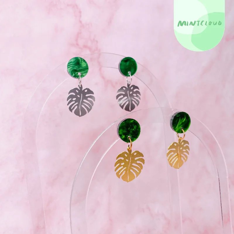 Mintcloud Brass Dangles - Marble Monstera