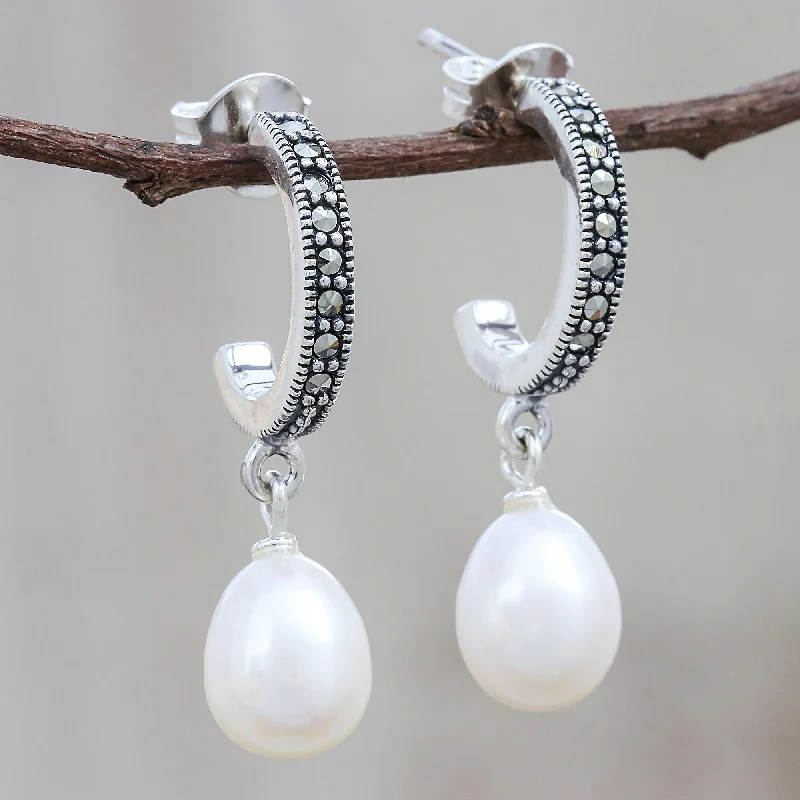 Moonlight Curve Cultured Pearl Half-Hoop Dangle Earrings from Thailand