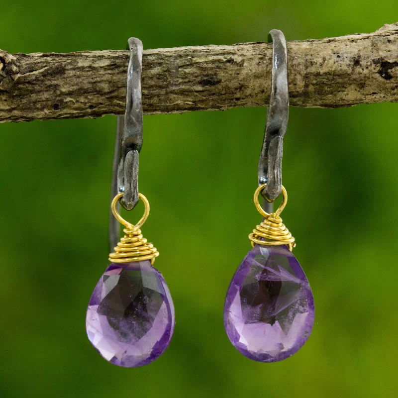 Morning Bright Handmade Gold Accented Amethyst Dangle Earrings