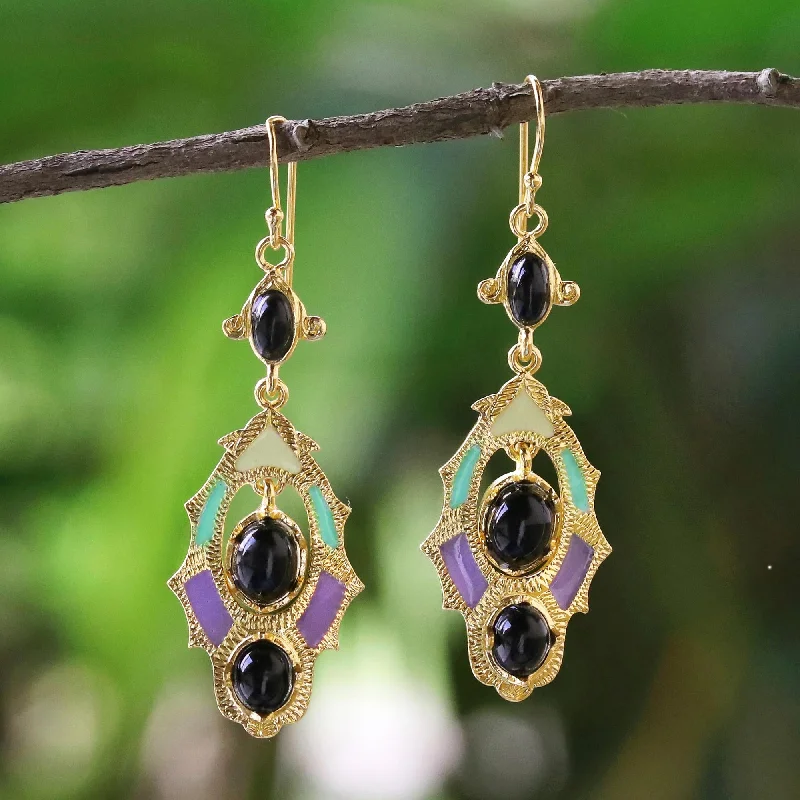 Ornate Thai Gold Plated Brass and Resin Colorful Earrings from Thailand