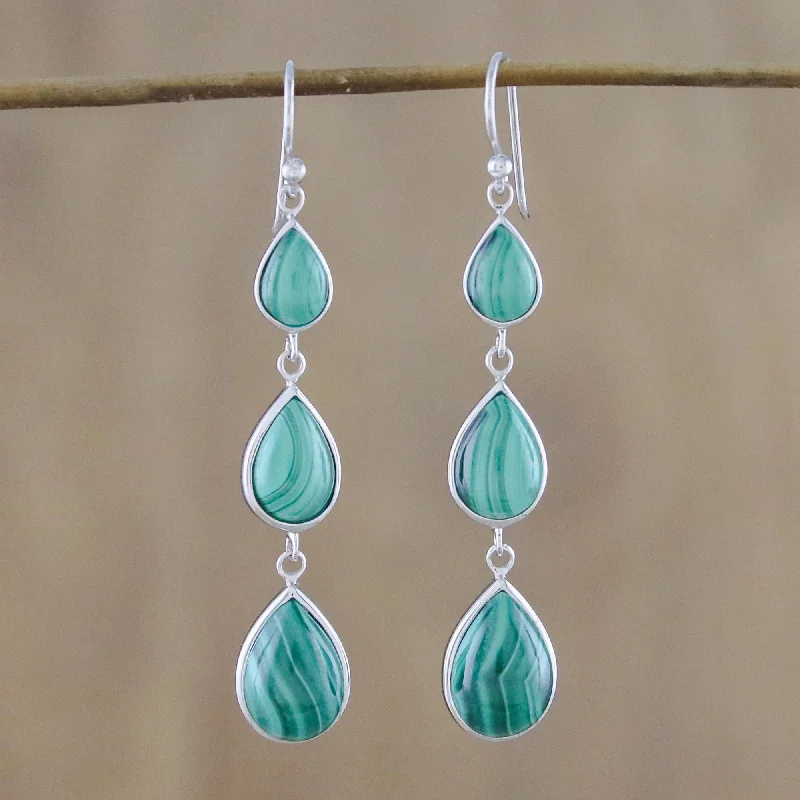 Salt Water Drops Silver and Malachite Dangle Earrings from Thailand