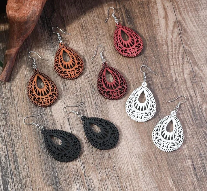 Set of Four Beautiful Carved Wood Earrings