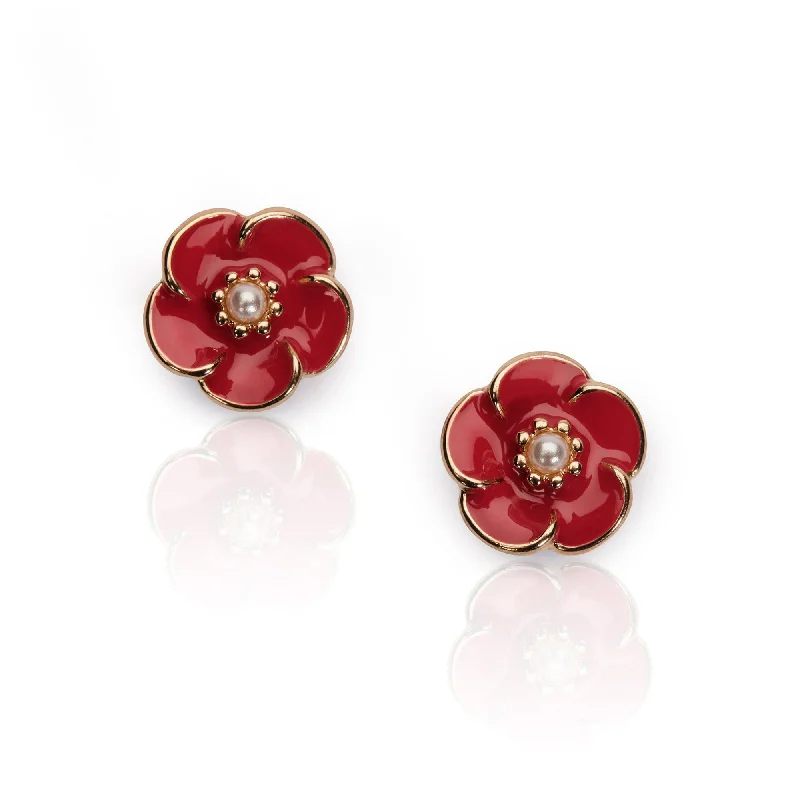 Red Rose Earrings: 1950s Style Red Rose & Pearl Studs