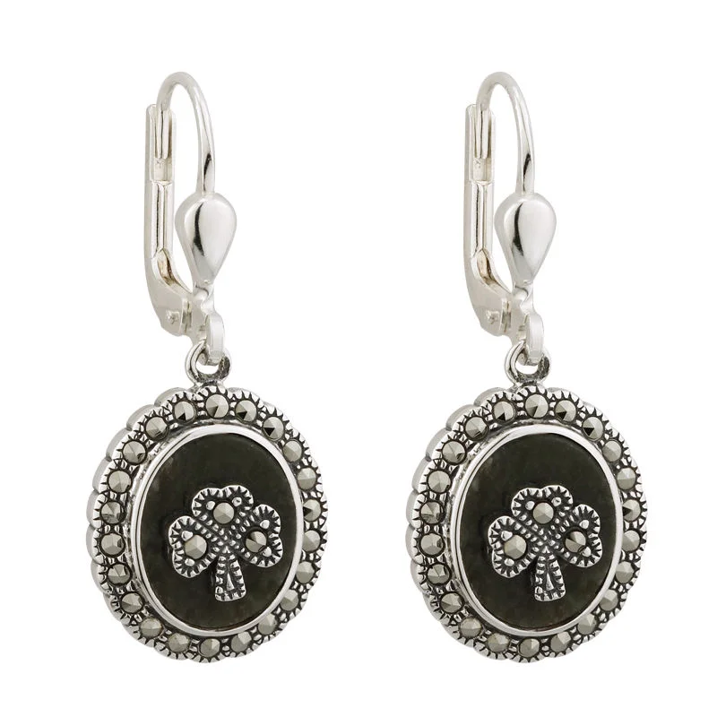 Marcasite Shamrock Connemara Marble Earrings