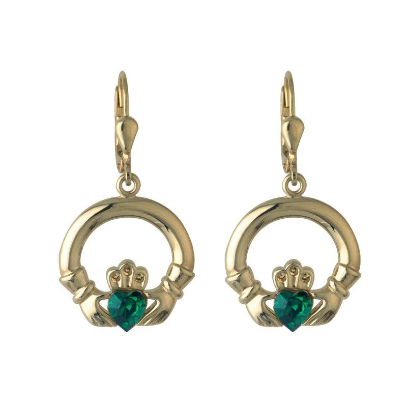 Gold Plated Green Crystal Claddagh Earrings