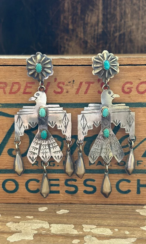 THUNDERBIRD LJC Sterling Silver and Turquoise Navajo Statement Earrings