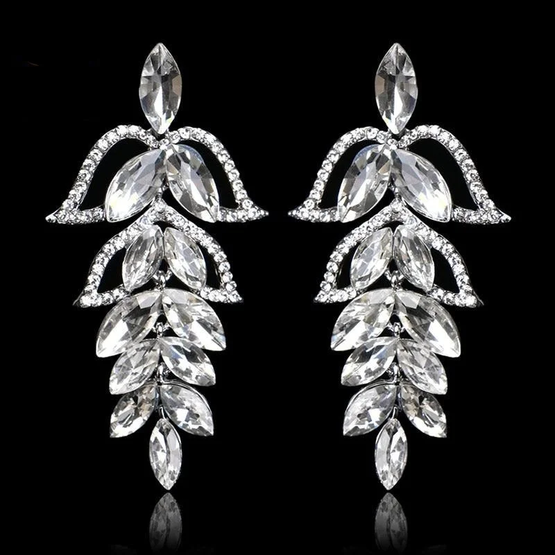 TRZ-002 Chandelier Crystal Bridal Hanging Drop Silver Earrings