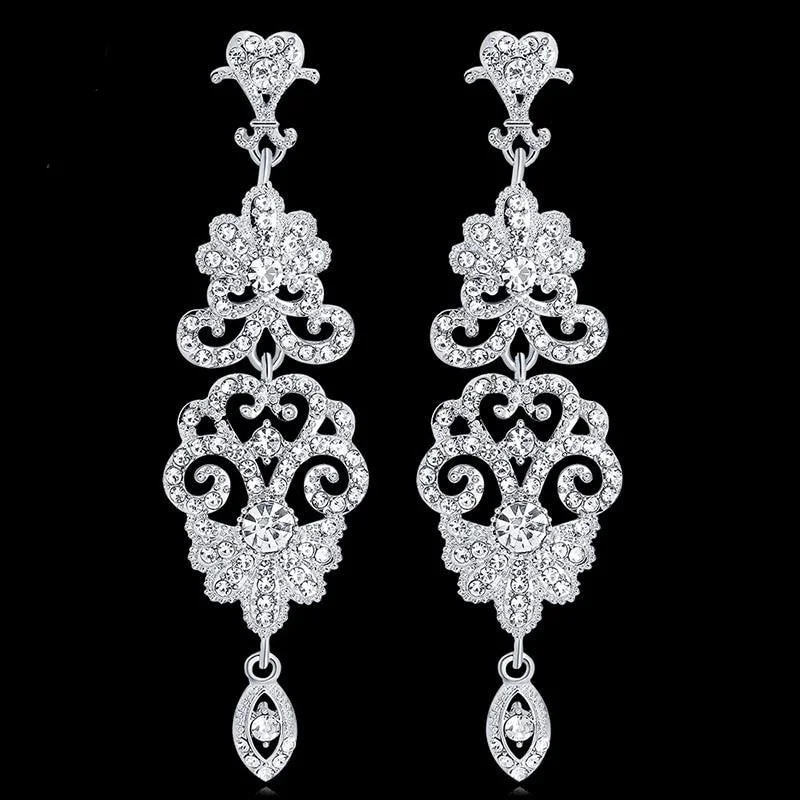 TRZ-009 Chandelier Earrings Crystal Rhinestone Floral Bridal Wedding Jewelry