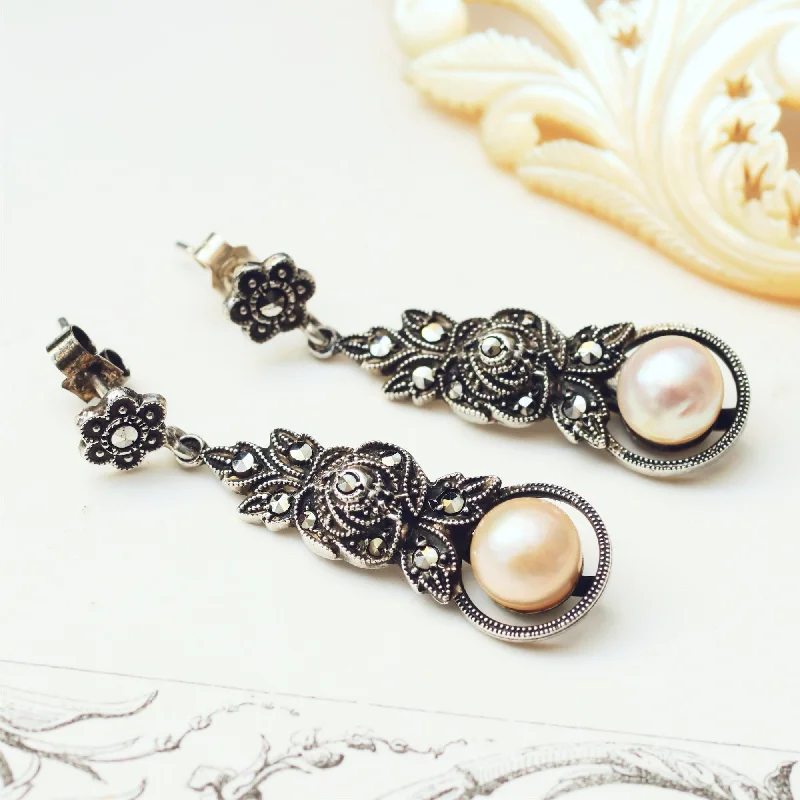 Vintage Silver, Marcasite & Pearl Earrings