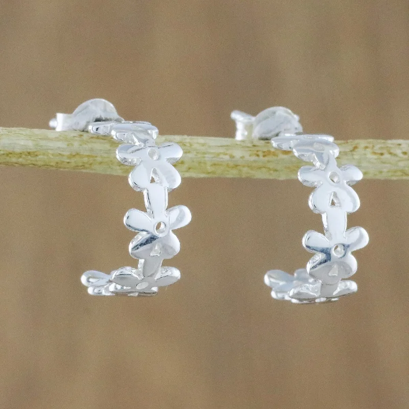 Wondrous Blossoms Handcrafted Sterling Silver Floral Half-Hoop Earrings