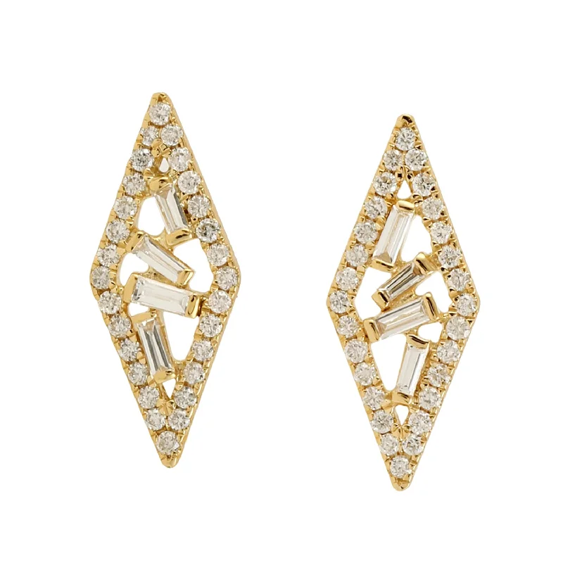 Baguette Diamond Stud Earrings 18K Yellow Gold Jewelry