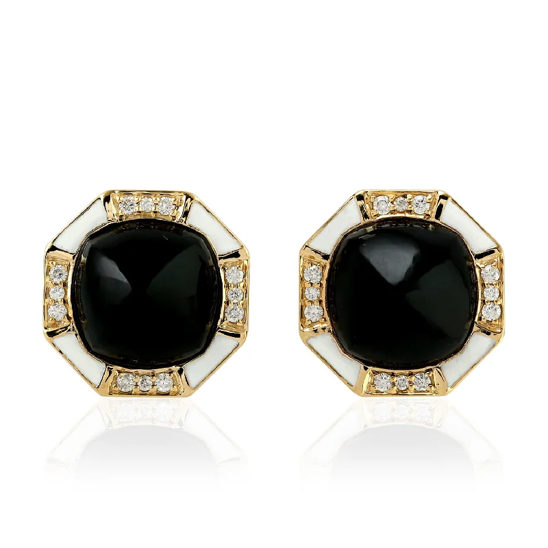 Natural Onyx Stud Earrings 18K Yellow Gold Octagon Geometric Jewelry Gift