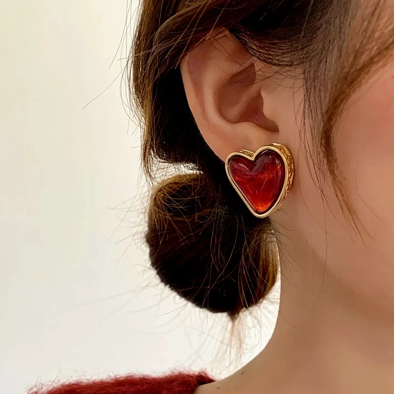 14K Gold-Plated Luxury Red Heart Stud Earrings