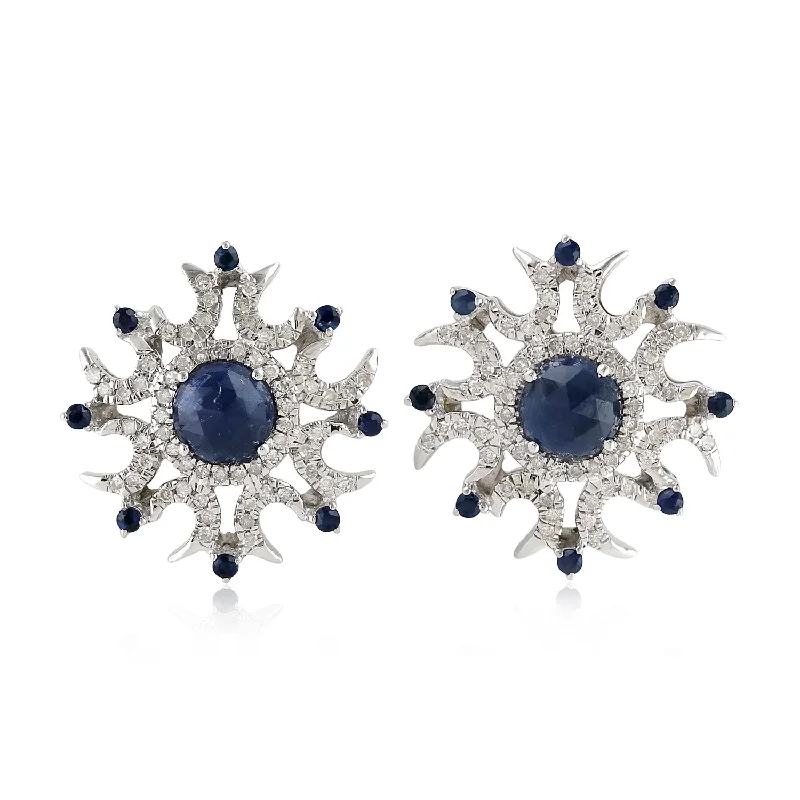 14k White Gold Diamond Blue Sapphire Floral Stud Earrings September Birthstone Jewelry