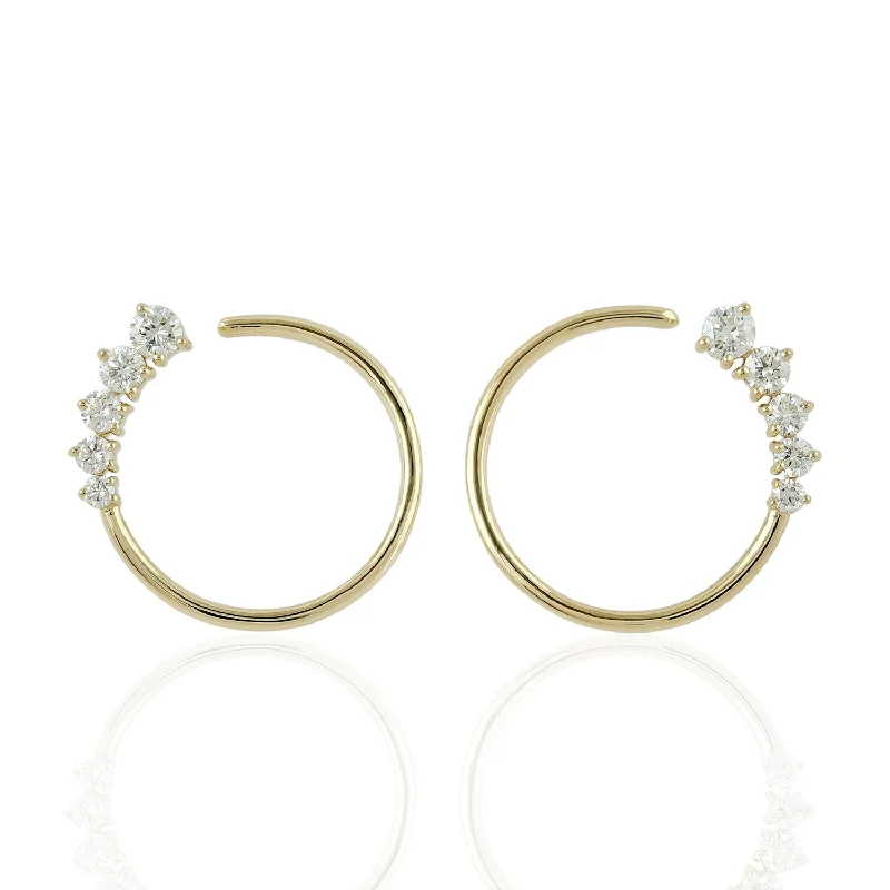 18k Yellow Gold Natural Pave Diamond Front Hoop Stud Earrings Womens Jewelry