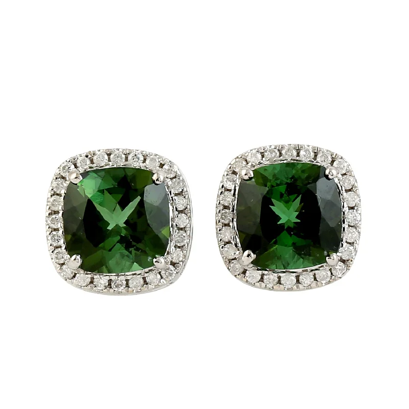 Natural Green Tourmaline Stud Earrings 18K White Gold Jewelry Gift