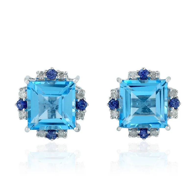 Sapphire Stud Earrings 18k White Gold Diamond Gemstone Handmade Jewelry