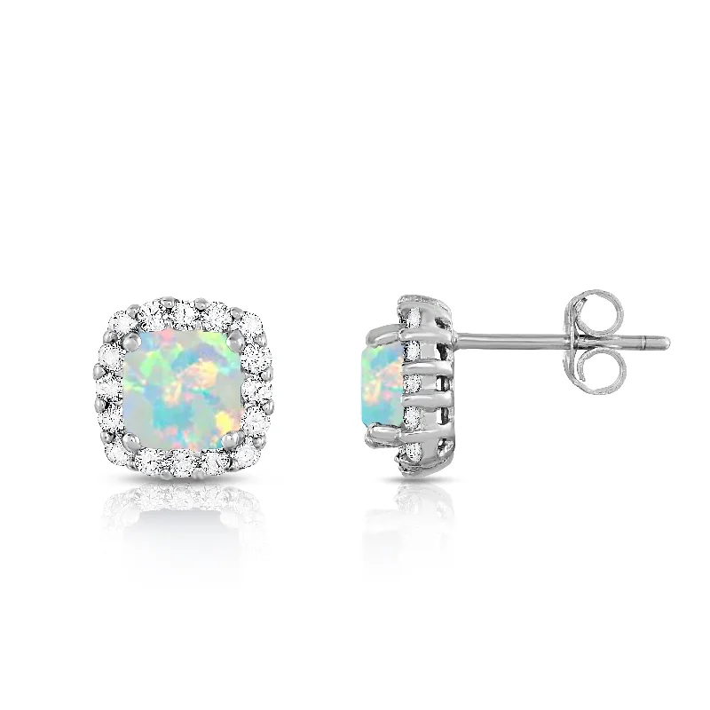 Sterling Silver Cushion Cut Opal Halo Stud Earrings