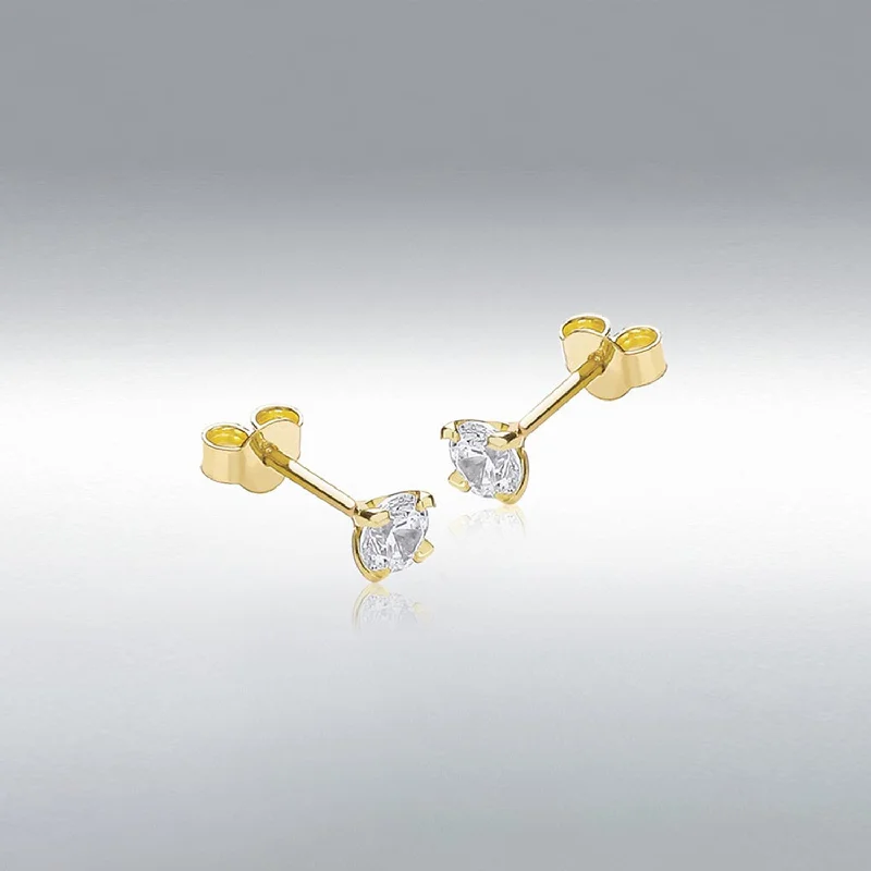 9 Carat Gold Round CZ Stud Earrings, Yellow Gold