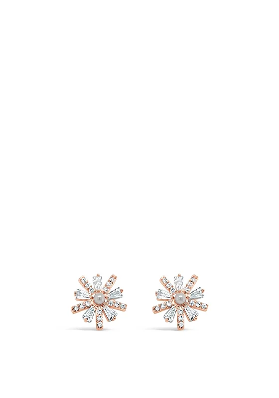 Absolute 2 Tone Flower & Pearl Diamante Stud Earrings, JE242MX