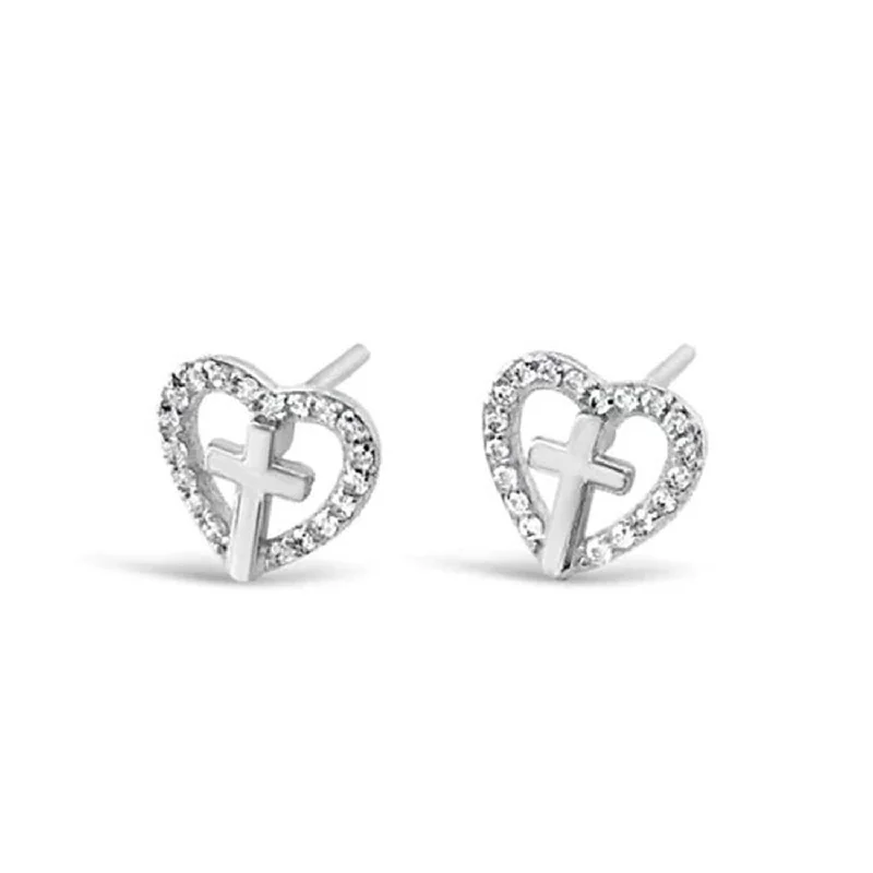 Absolute Kids CZ Heart Cross Stud Earrings, Silver