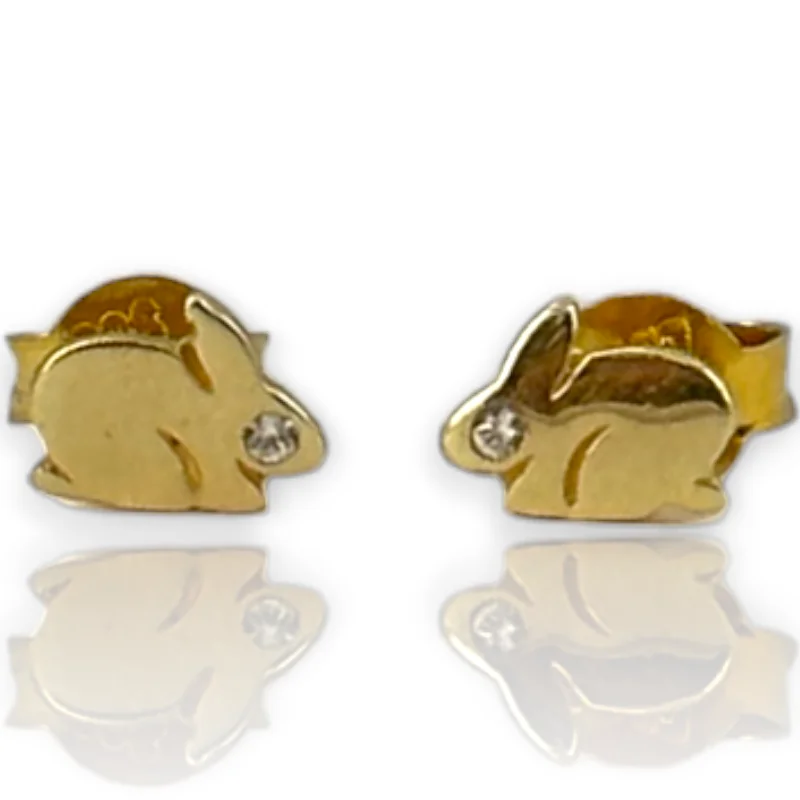 Baby Child Kids Mini Baby Bunny Rabbit Animal Lover Cubic Zirconia 14k 585 Yellow Gold Stud Earrings