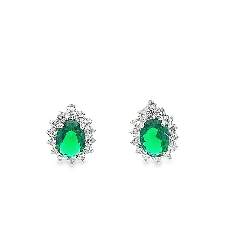 Classic Emerald Green CZ oval cluster stud earrings 36449