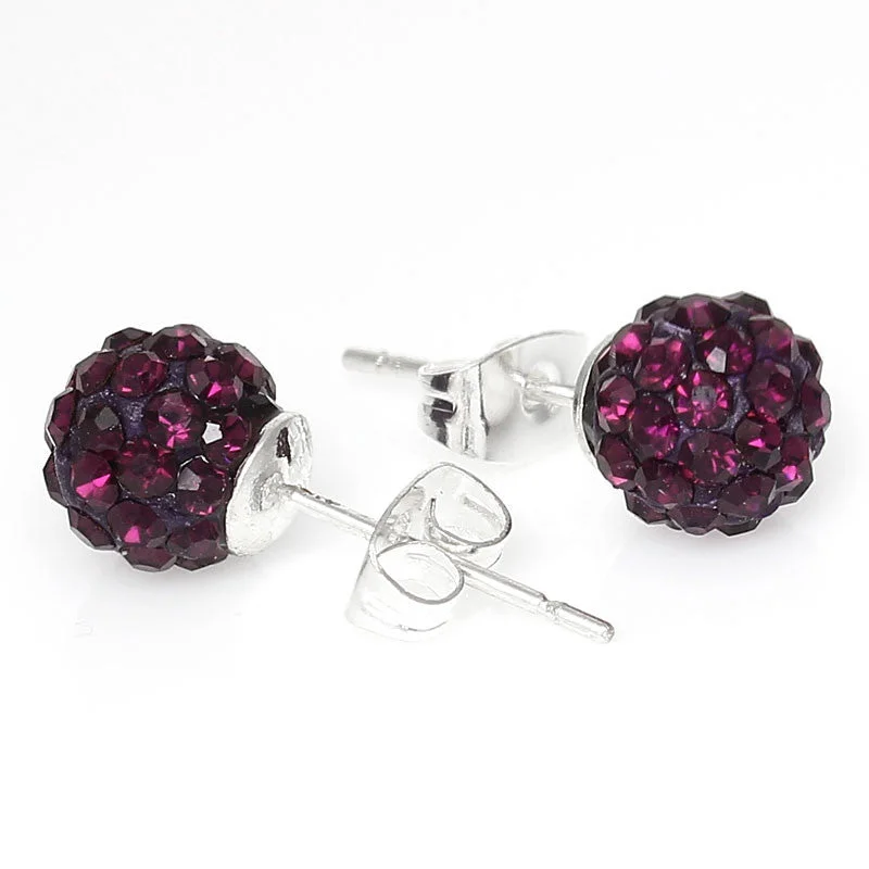 8mm Dark Purple Rhinestones Crystal Fireball Disco Ball Pave Bead Stud Earrings