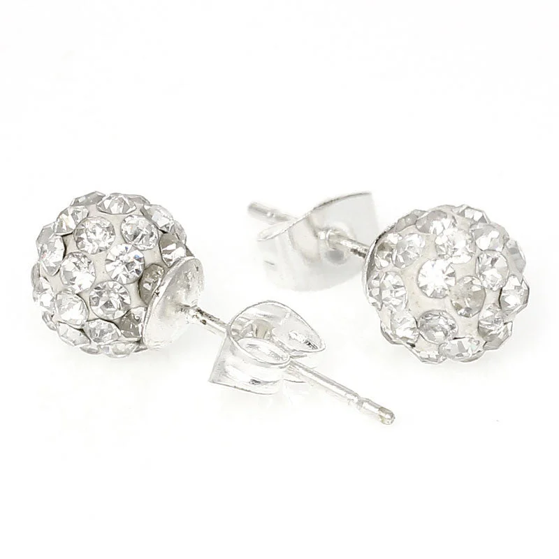 April Birthstone 8mm Rhinestones Crystal Fireball Disco Ball Pave Bead Stud Earrings