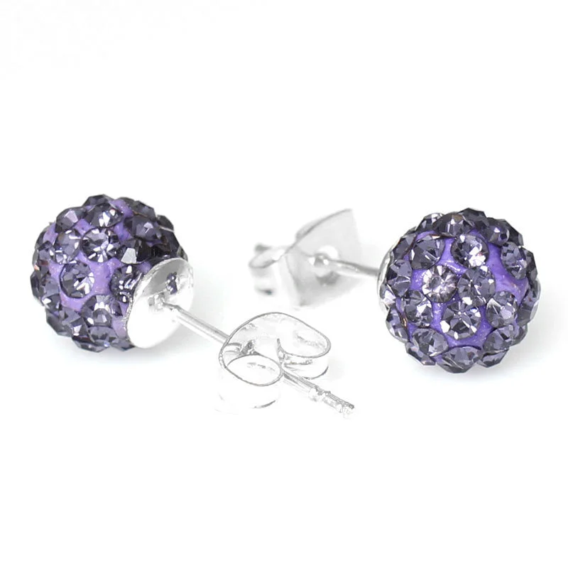 February Birthstone 8mm Rhinestones Crystal Fireball Disco Ball Pave Bead Stud Earrings