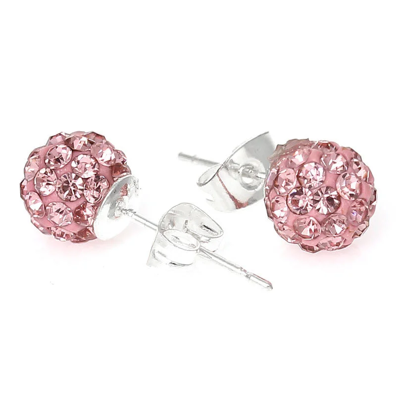 June Birthstone 8mm Rhinestones Crystal Fireball Disco Ball Pave Bead Stud Earrings