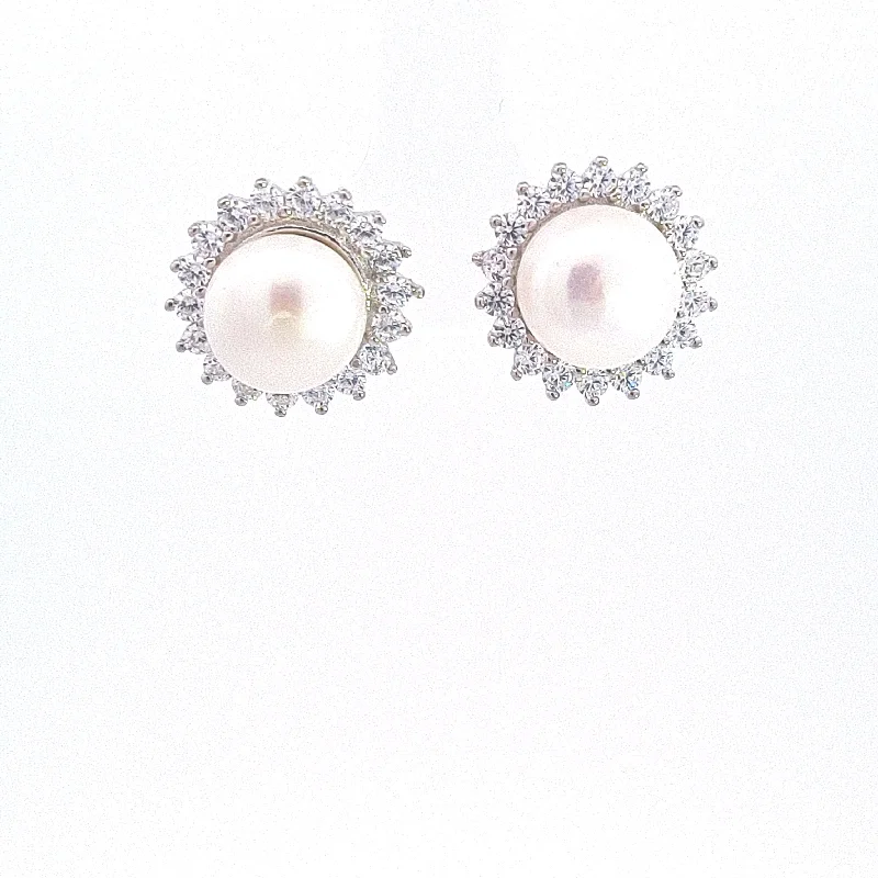 Cultured Pearl Halo cluster stud earrings 37647