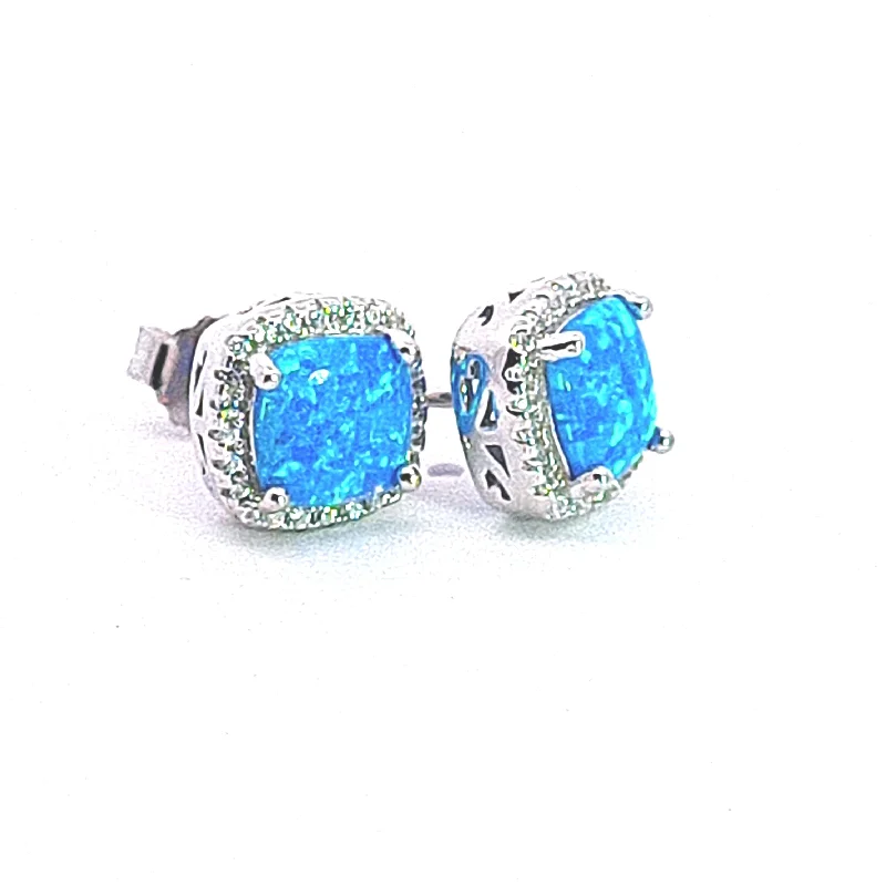 Cushion shape synthetic Blue Opal stud earrings 37662