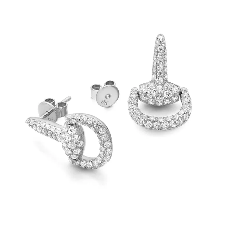 CZ Horsebit Stud Earrings - 9ct White Gold