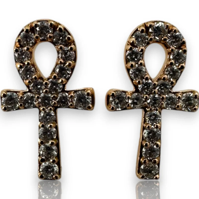 Diamond Ankh Egyptian Hieroglyph Solid 14k Rose Gold Stud Earrings