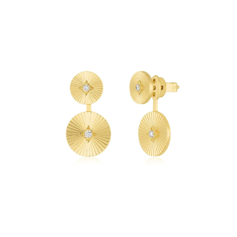 Double Gold & Diamond Fluted Disc Stud Earrings