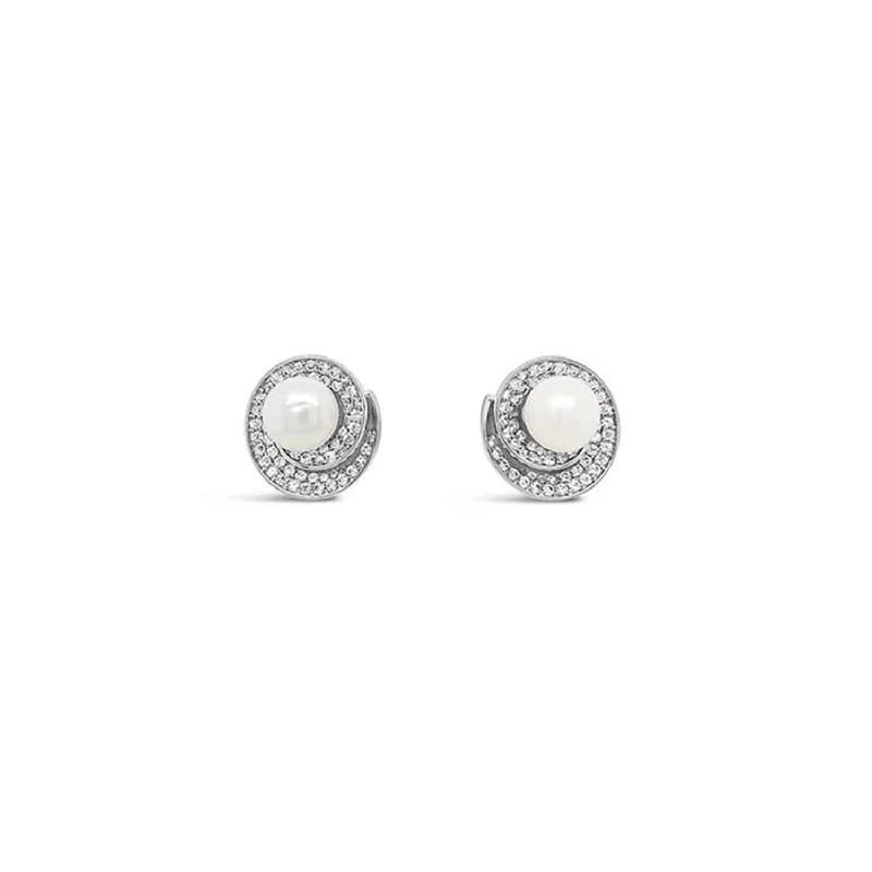 Absolute Spiral CZ Pearl Stud Earrings, Silver