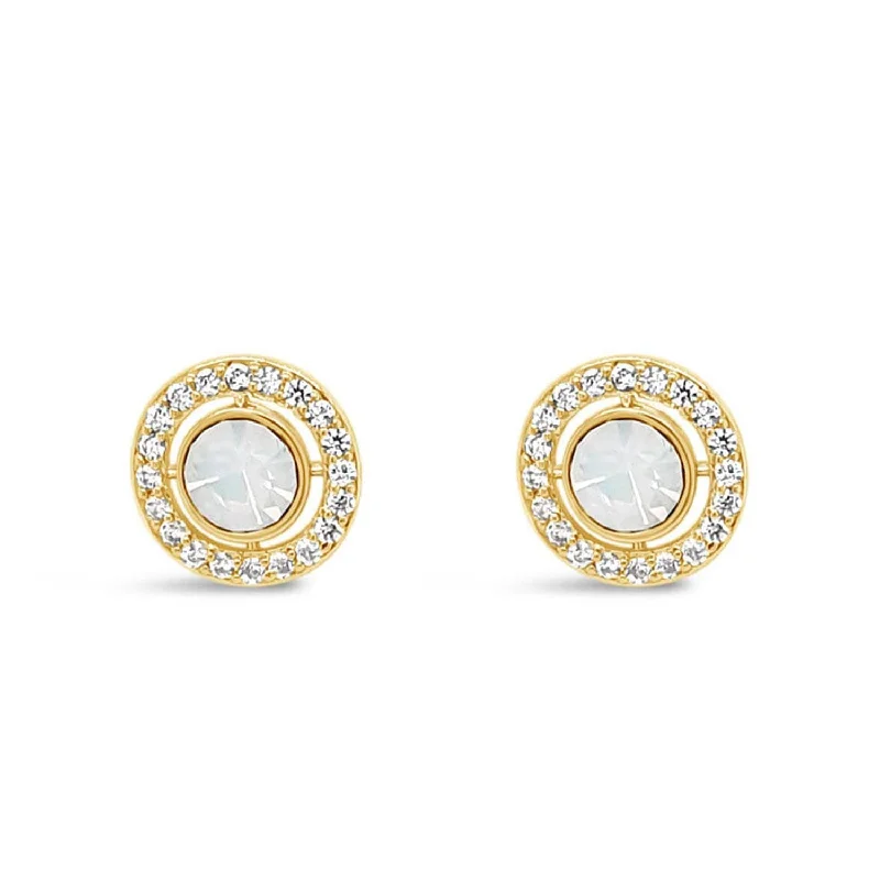 Absolute White Opal Halo Stud Earrings, Gold