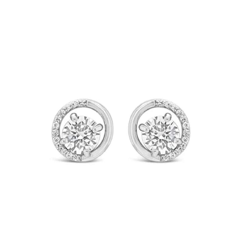 Absolute Half CZ Halo Stud Earrings, Silver